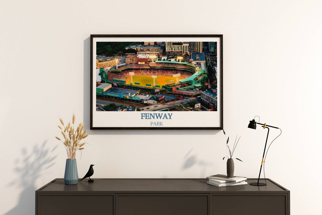 This Fenway Park Skyline Print captures the essence of the iconic Boston Red Sox home. Featuring the historic stadium, it's a perfect Boston sports stadium poster, ideal as a Boston print or housewarming gift.