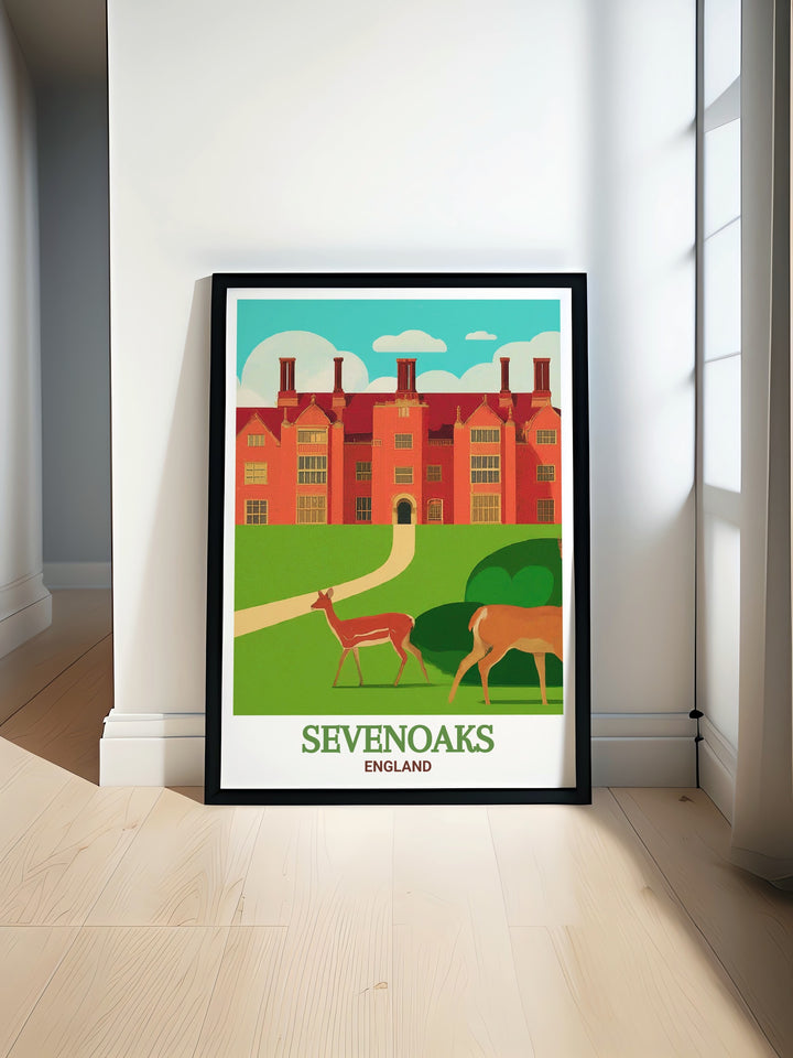 This Knole Park poster print captures the serene beauty of one of Englands most historic estates in Sevenoaks. The print features the expansive deer park, the grandeur of Knole House, and the lush English landscape, making it an ideal addition to any home. The vibrant colors and intricate details bring the tranquil beauty of Knole Park into your living space, creating a calming atmosphere. This artwork is perfect for those who appreciate English heritage and the natural beauty of historic estates.