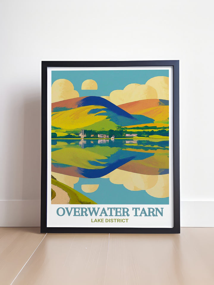 Bassenthwaite Lake art print featuring the scenic views of Bassenthwaite Lake and Overwater Tarn. This detailed artwork highlights the lakes expansive waters and surrounding hills, ideal for adding a touch of natural beauty to any room. Perfect for outdoor lovers.