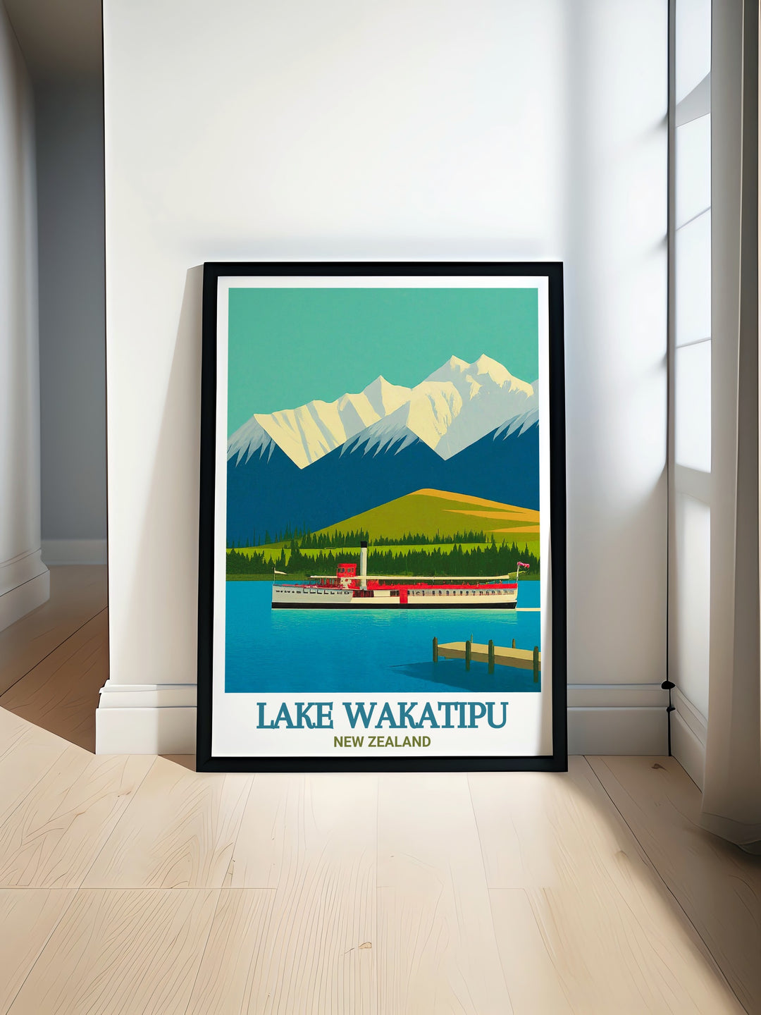 The majestic Remarkables mountain range frames the tranquil Lake Wakatipu in this vibrant travel print, making it a perfect addition to your home décor or a thoughtful gift for anyone who loves New Zealands stunning landscapes.