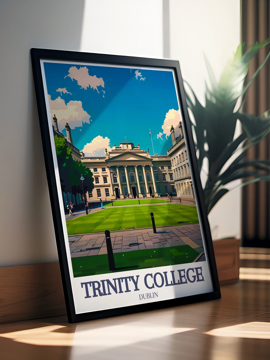 Featuring the historic Campanile and cobblestone courtyards, this travel poster of Trinity College celebrates the academic and architectural beauty of Cambridge. Ideal for home or office décor, this framed print brings a touch of scholarly elegance.