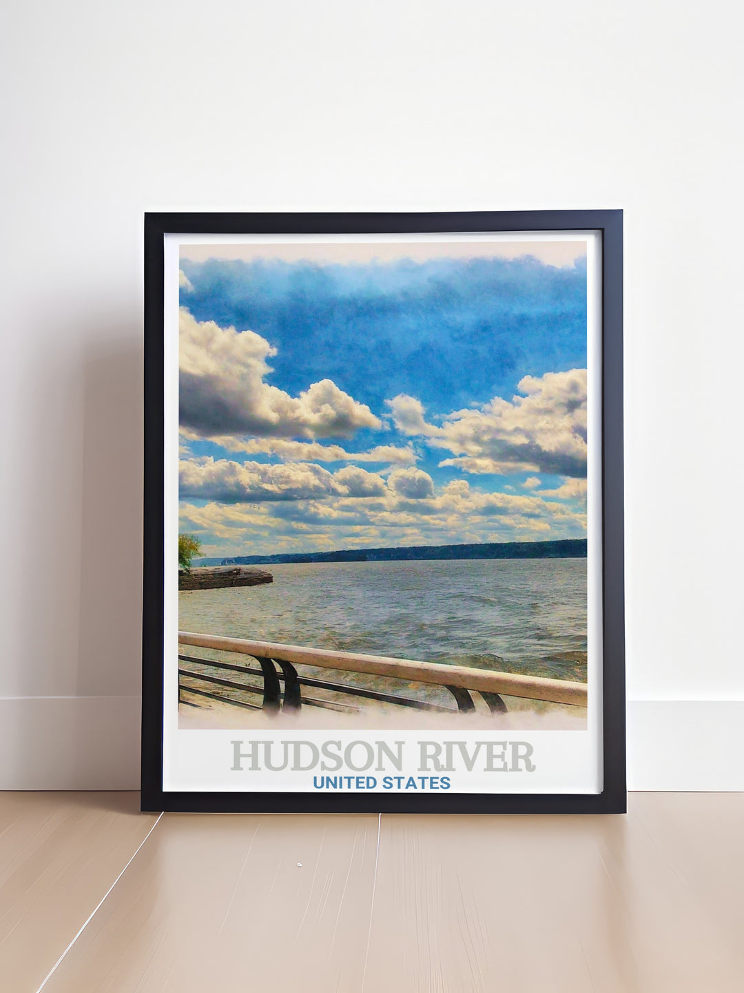 This travel print of the Hudson River features a serene perspective from the Hudson River Waterfront Walkway, blending the beauty of nature with the urban skyline. A perfect addition for any New York or nature lover.