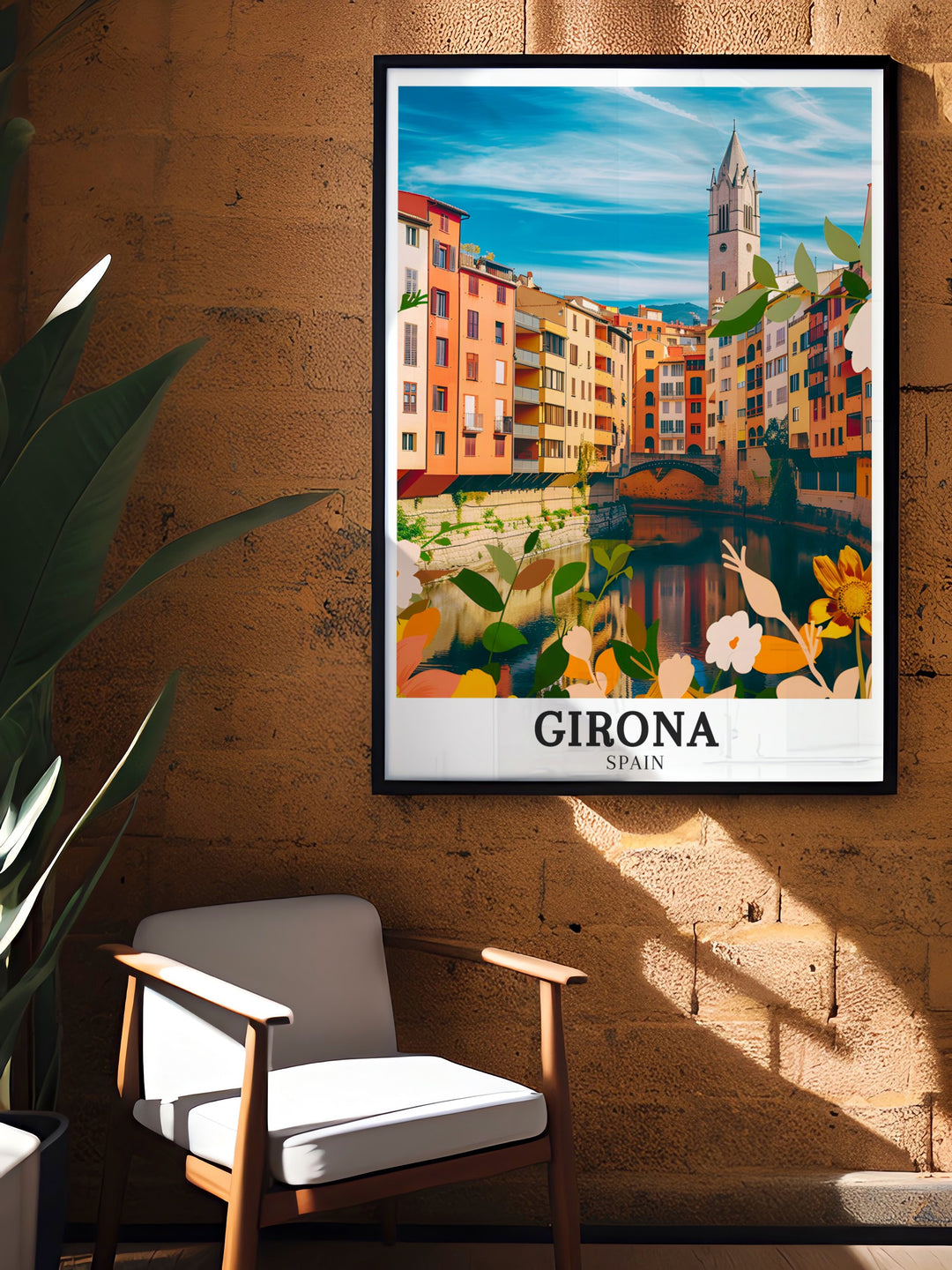 Elegant Spain wall decor showcasing the Basílica of San Feliu in Girona. This travel print offers a detailed portrayal of the Basílicas architectural splendor and the picturesque Onyar River, making it a cherished gift for those who love Spain and its cultural heritage