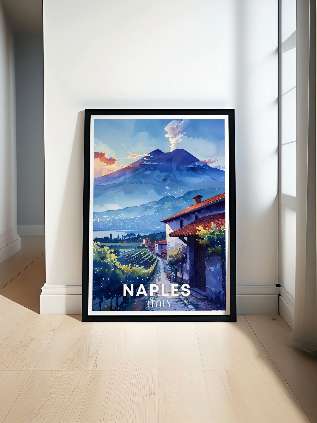 NAPLES Print showcasing the vibrant streets and waterfront of Naples Italy with Mount Vesuvius in the background. Ideal for home decor and travel enthusiasts. Perfect for adding a touch of Italian charm to any space.