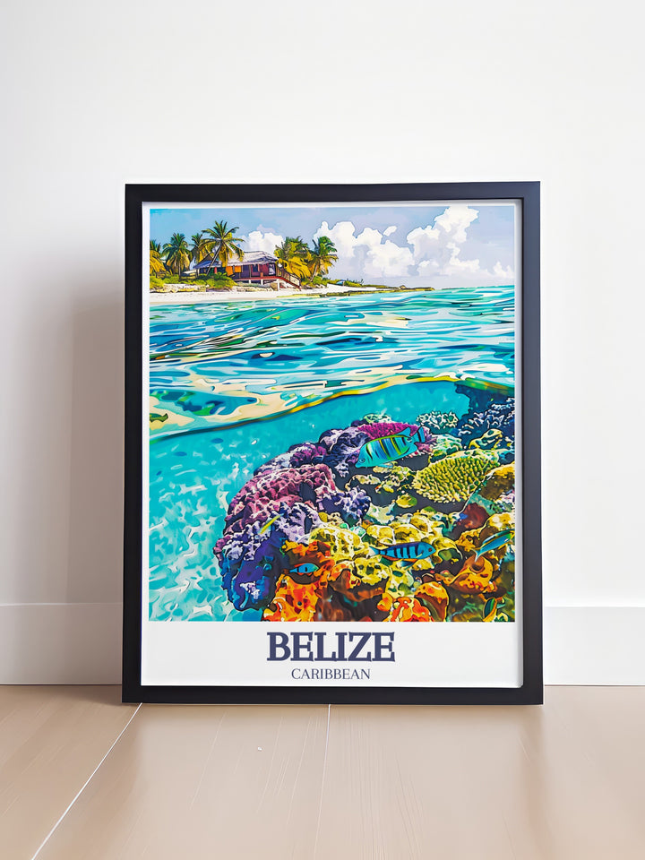 High quality Belize Barrier Reef Belize Coast modern art print featuring detailed and lifelike representation of the vibrant marine life and stunning coastline perfect for enhancing any home or office space