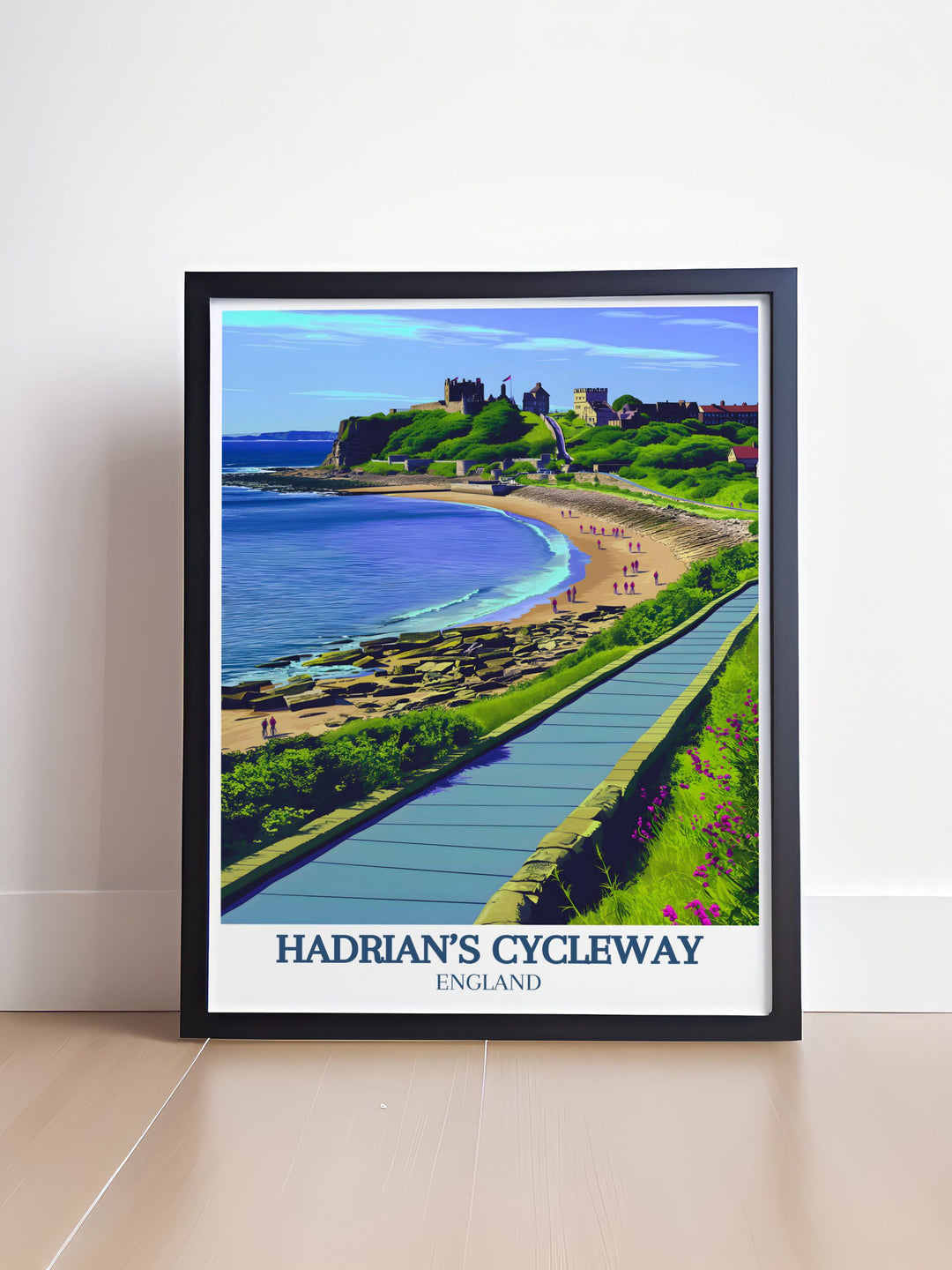 Featuring the majestic Tynemouth Castle, this art print showcases the blend of historical significance and scenic beauty along Hadrians Cycleway, ideal for history enthusiasts.