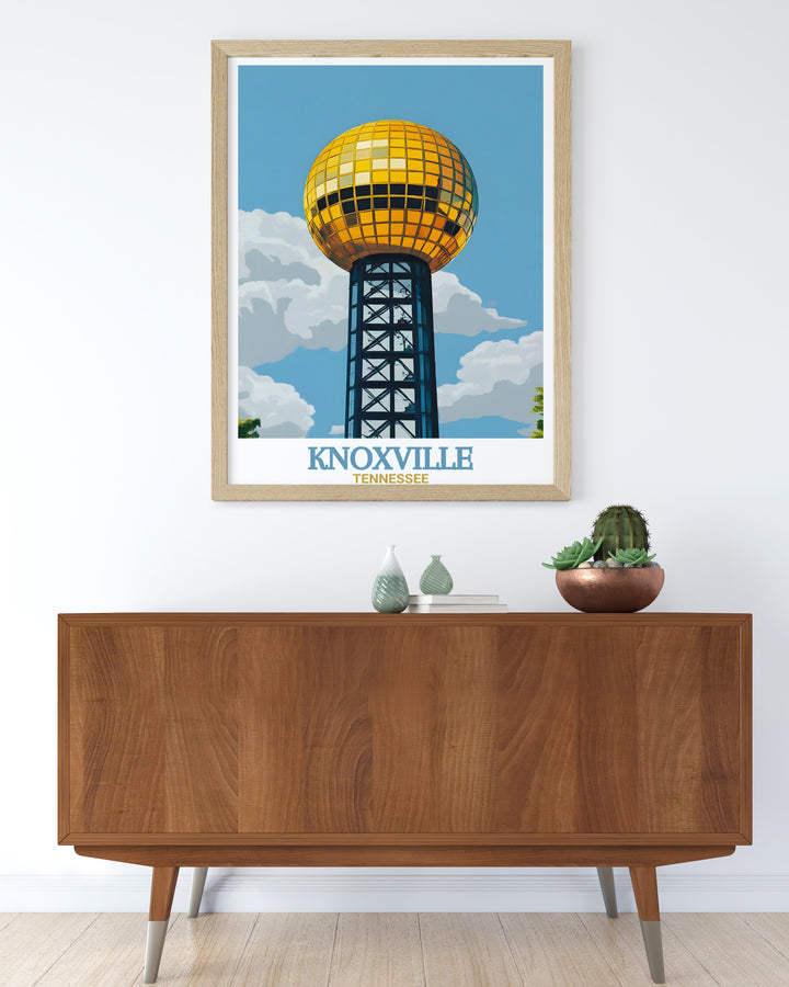 Knoxville wall art featuring the Sunsphere, a symbol of innovation from the 1982 Worlds Fair. This travel poster offers a unique and colorful tribute to Knoxvilles skyline, perfect for adding character to your home or gifting to a Tennessee enthusiast.