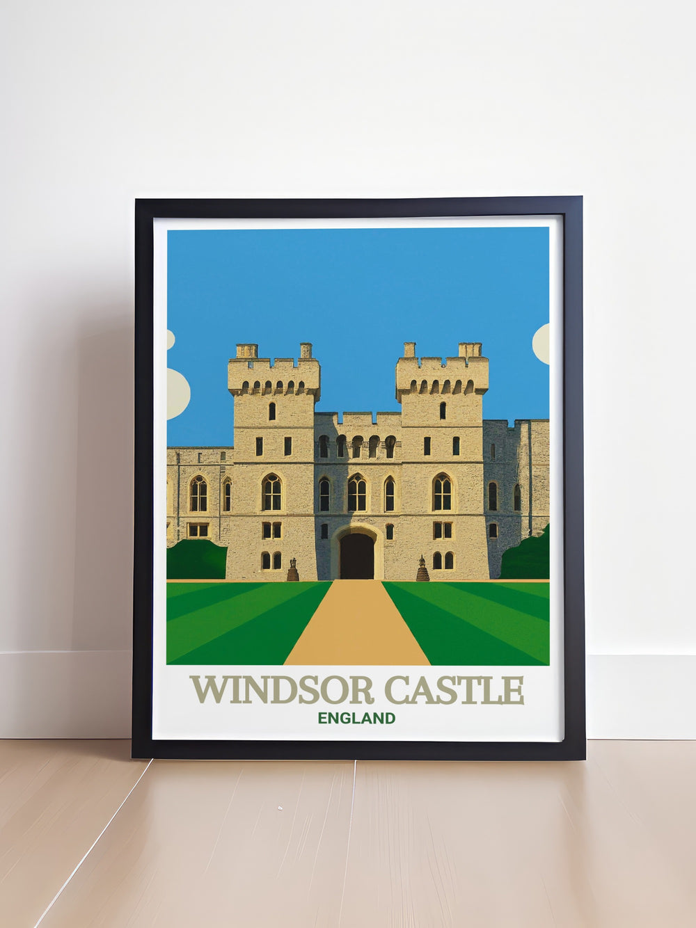 Windsor Castle framed art, designed to emphasize the historic and architectural significance of this royal residence. Ideal for history enthusiasts or those celebrating Queen Elizabeth IIs legacy, this print is a must have for any royal decor collection.