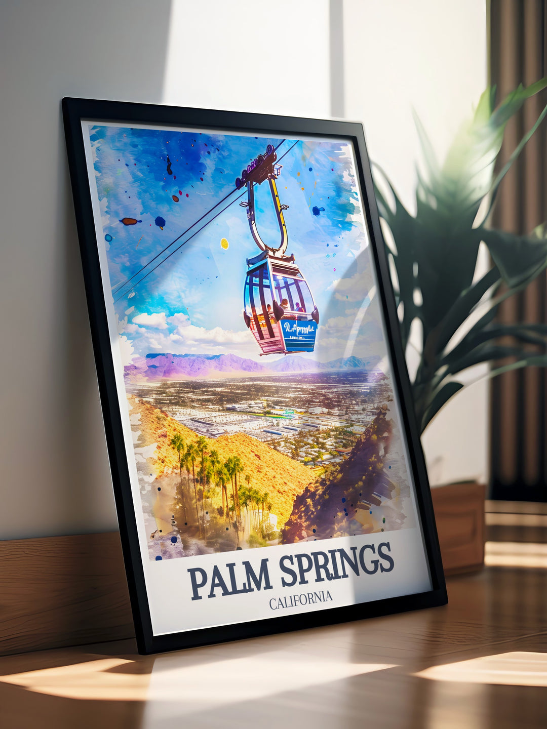 Palm Springs Poster Print with the Palm Springs Aerial Tramway and Coachella Valley, capturing the desert and mountain views in stunning detail. This travel print is a perfect gift for nature lovers and adventure seekers.