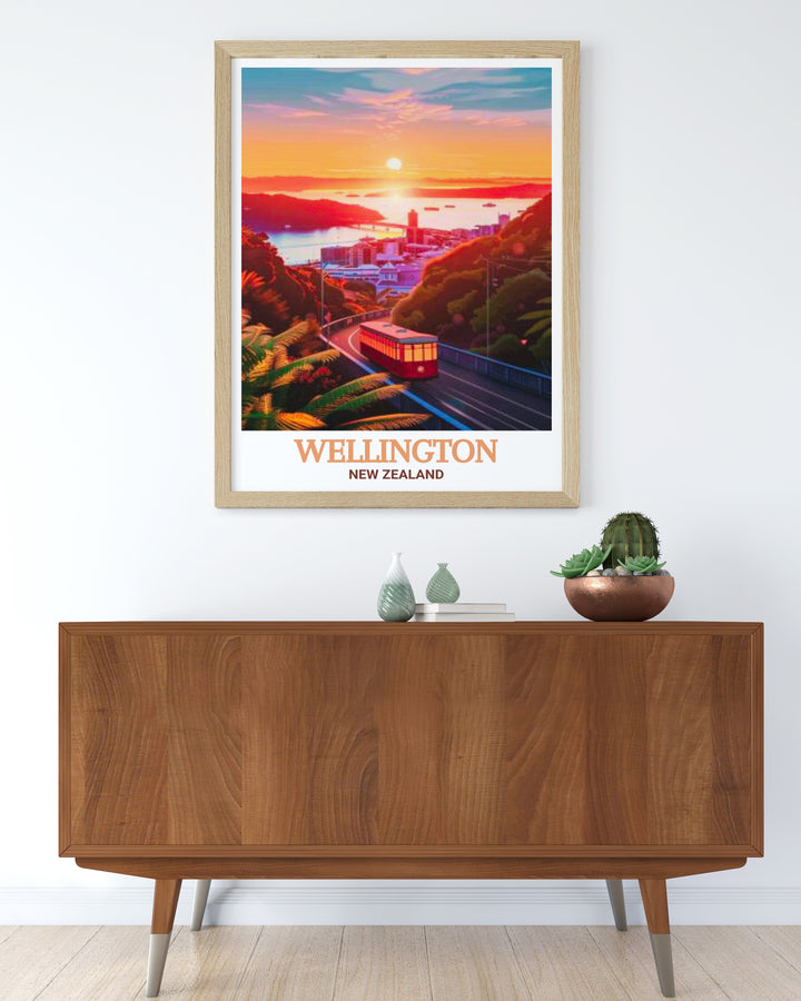 Wellington art print featuring the vibrant cable car and the citys surrounding hills. This New Zealand travel poster is a beautiful reminder of the capitals dynamic energy and scenic beauty, perfect for any wall art collection.