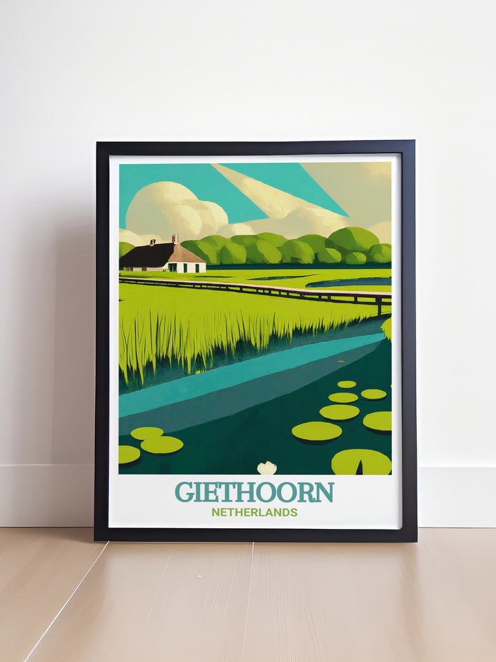 Giethoorn framed art that beautifully captures the tranquil atmosphere of the Netherlands Giethoorn canals and Weerribben Wieden National Park. The prints intricate details and vibrant colors make it a standout piece, perfect for those who want to bring a piece of Dutch heritage into their home decor.