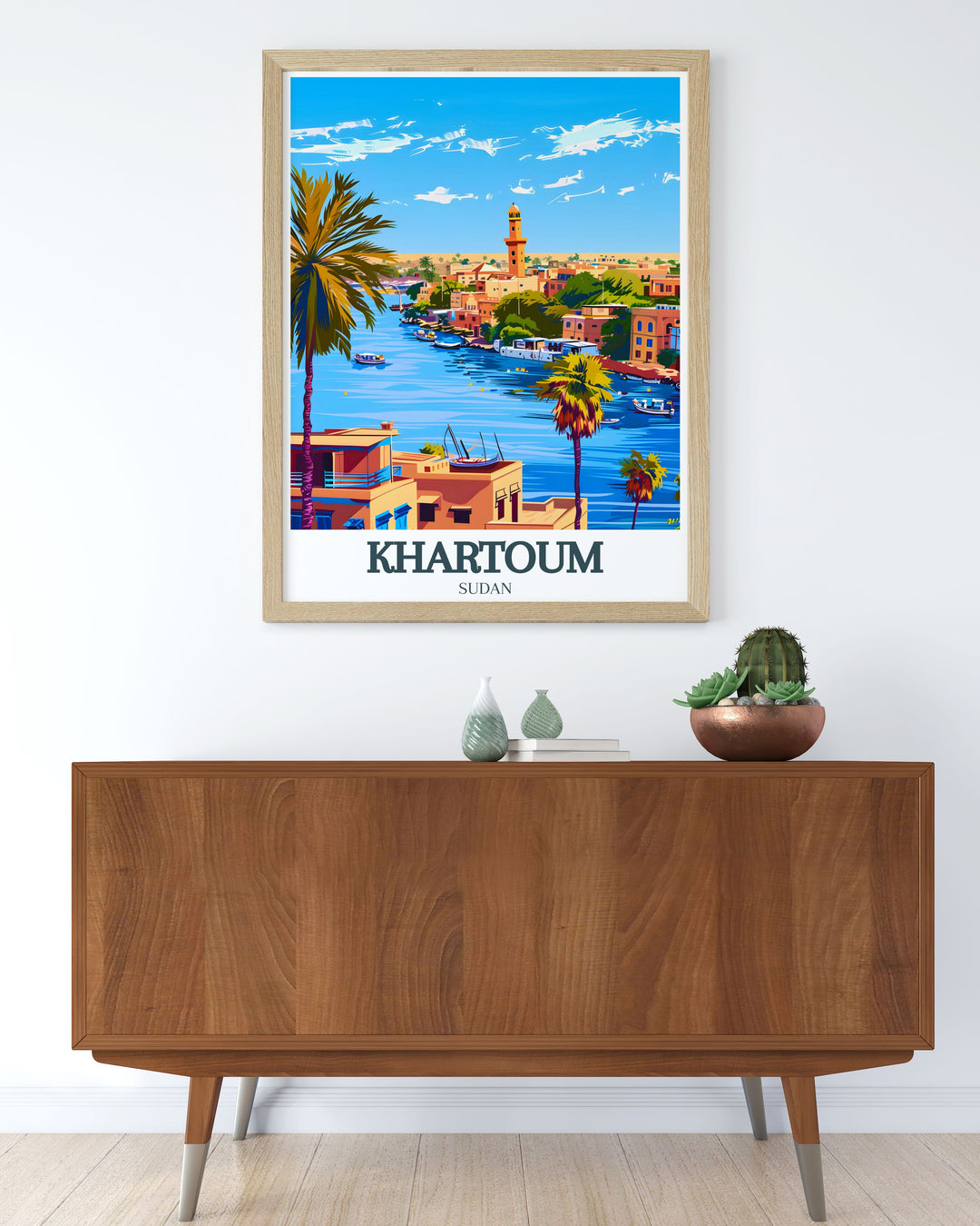 Framed prints of Khartoum city center and the Nile River offering modern and elegant home decor for art lovers