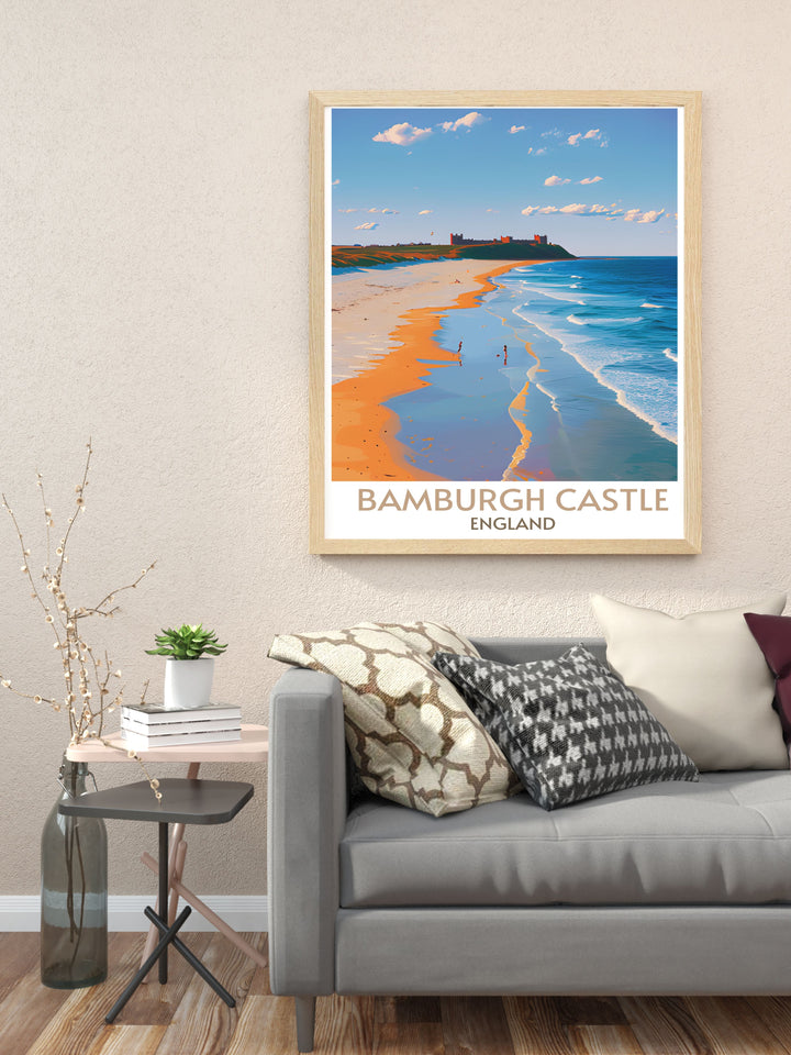 Bamburgh Castle print that beautifully showcases the historic architecture against the backdrop of Bamburgh Beach, a masterpiece for any room.