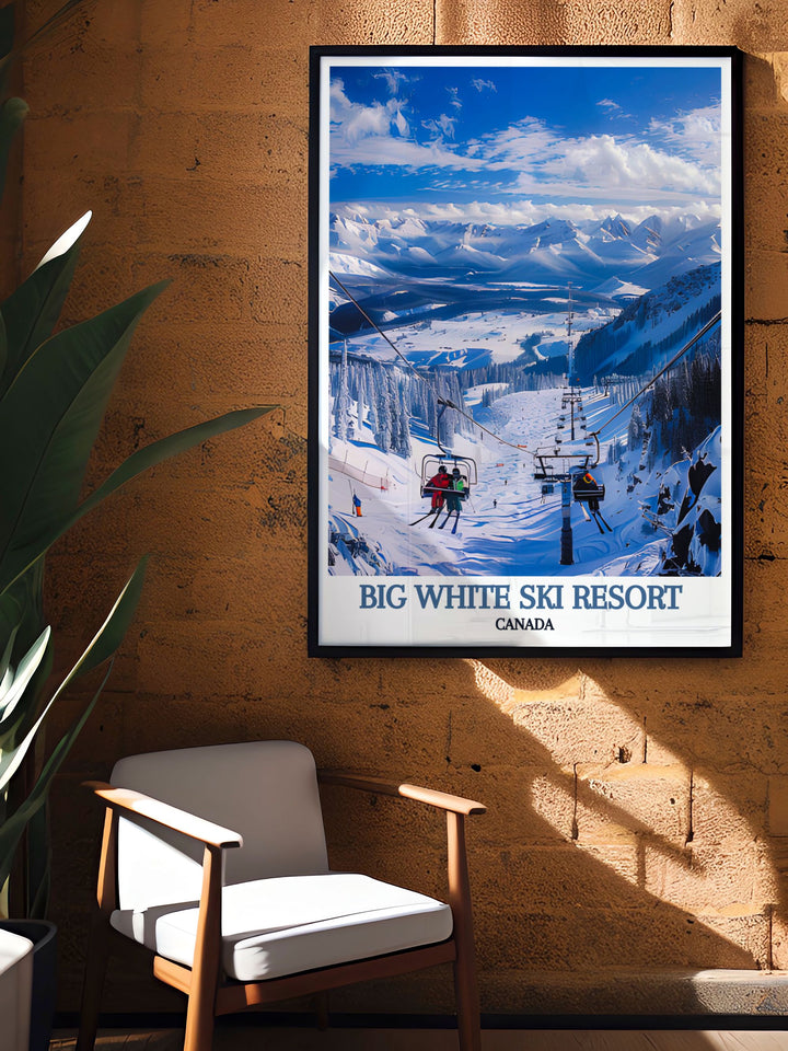 High quality print of The Cliff Chair at Big White Ski Resort, capturing the unique beauty of the snow covered Rockies and the historic charm of the iconic chairlift, perfect for personalized home decor.