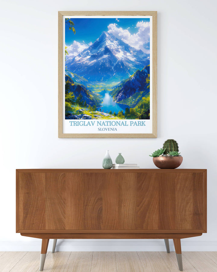 Triglav National Park home decor print highlighting the dramatic vistas of the Julian Alps, with Mount Triglav towering in the background, capturing the spirit of adventure and the tranquility of nature in Slovenia.