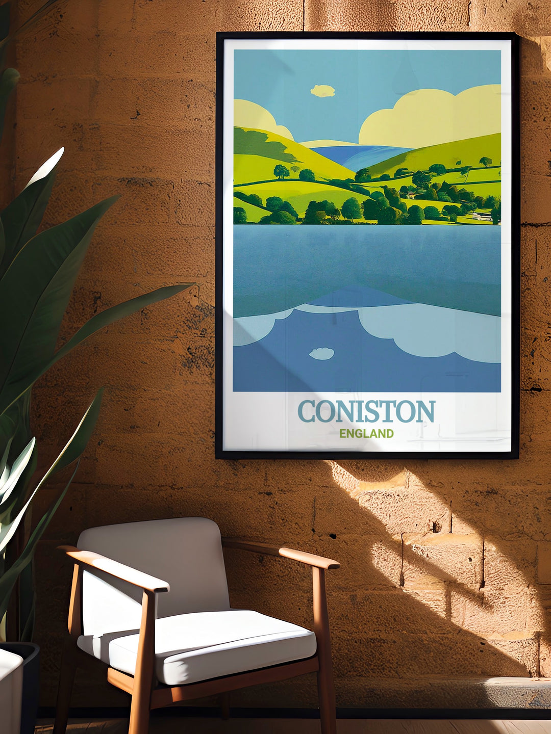 Travel poster of Coniston Water, illustrating the peaceful landscape of the Lake District with its tranquil waters and rugged hills, ideal for enhancing any living space with a connection to nature.