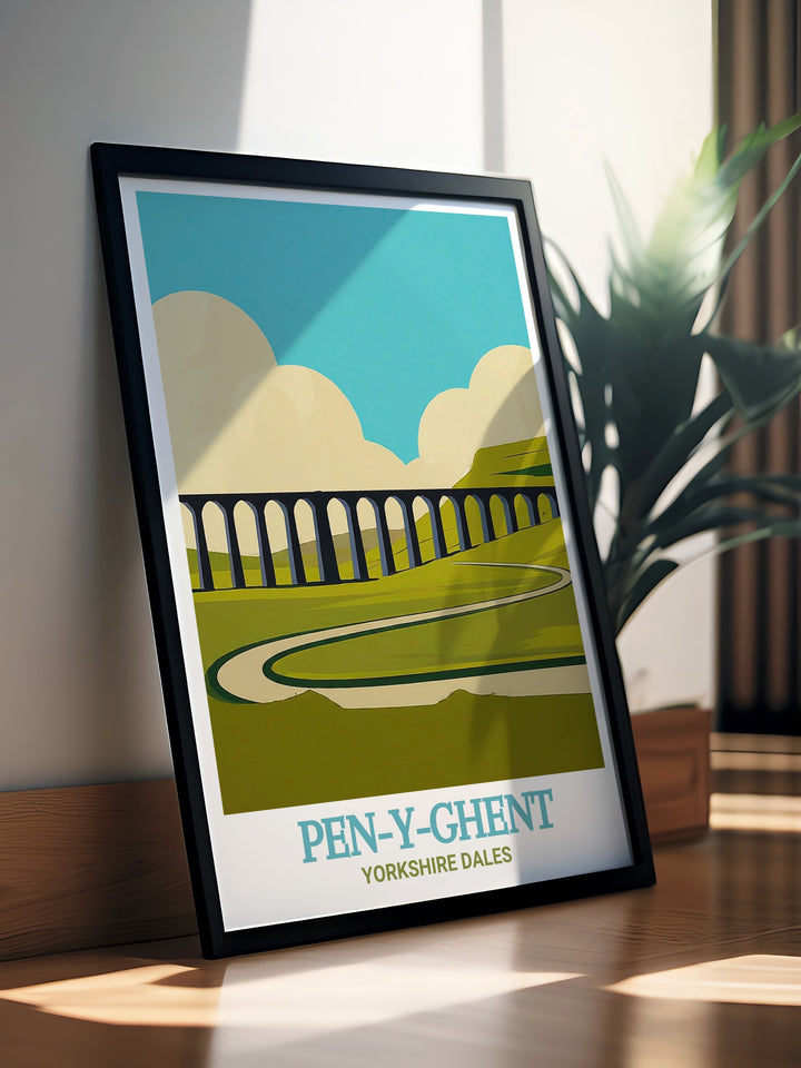 Pen Y Ghent and Ribblehead Viaduct scenic poster highlighting the rugged beauty and adventurous spirit of the Yorkshire Dales. This detailed artwork depicts Pen Y Ghent and the viaduct, making it a perfect addition to your wall art collection. Ideal for those who love the outdoors and architectural marvels.