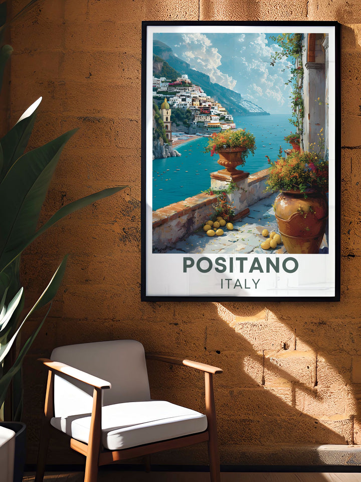 Via Positanesi dAmerica is the focal point of this Positano Art Print bringing the charm of the Amalfi Coast to your home. This Italy Wall Art is ideal for creating a sophisticated and stylish living space