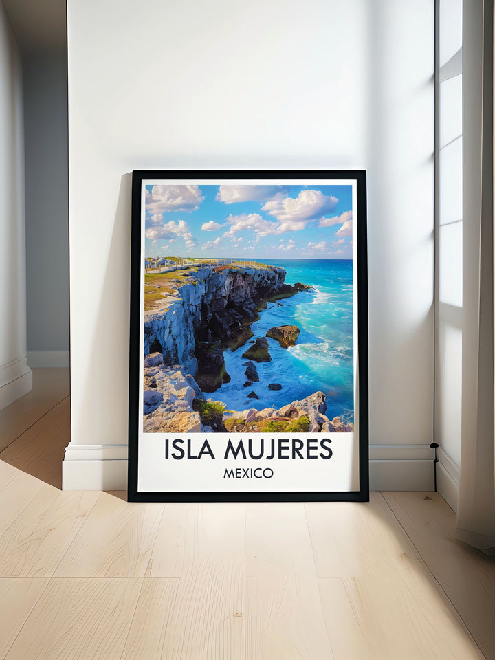 Canvas art depicting the tranquil landscapes of Isla Mujeres, featuring lush palm trees and colorful coral reefs, bringing a tropical ambiance to any room in your home.