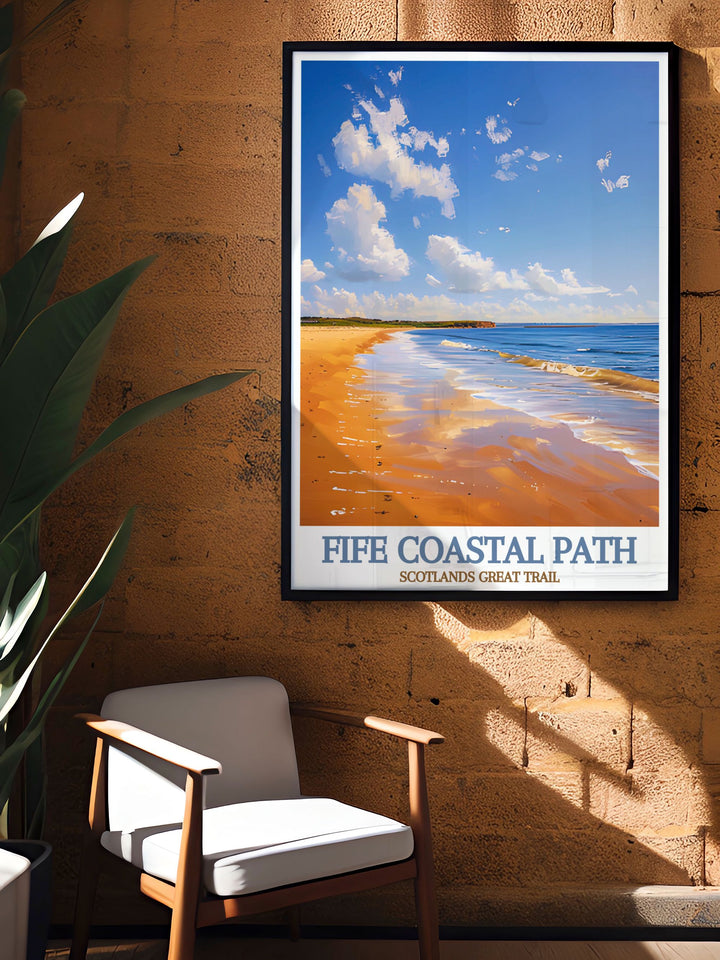 This art print showcases the iconic Fife Coastal Path and its historic harbor, perfect for enhancing any home or office decor.
