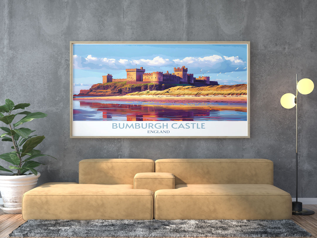 Bamburgh Castle wall art depicting the historic fortress overlooking the rugged coastline, ideal for adding a touch of English heritage to any room.