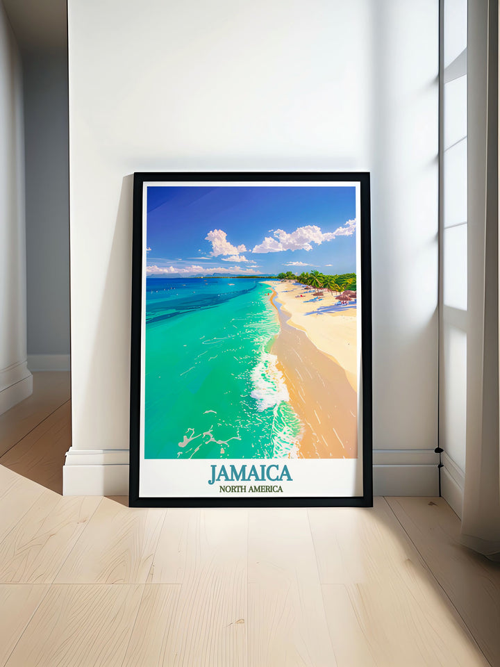The detailed depiction of Seven Mile Beachs clear waters and pristine sands makes this travel poster a perfect addition for beach lovers and island enthusiasts.
