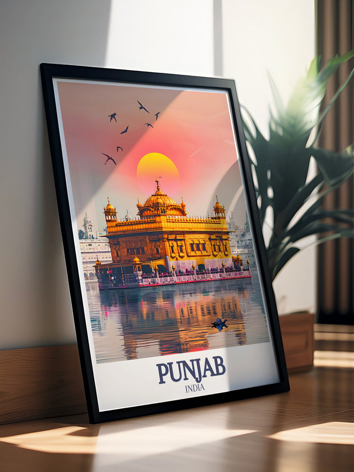 High quality Golden Temple, Amrit Sarovar wall art ideal for creating a peaceful and inspiring atmosphere in any space featuring detailed and vibrant prints of the iconic landmark and its serene surroundings.