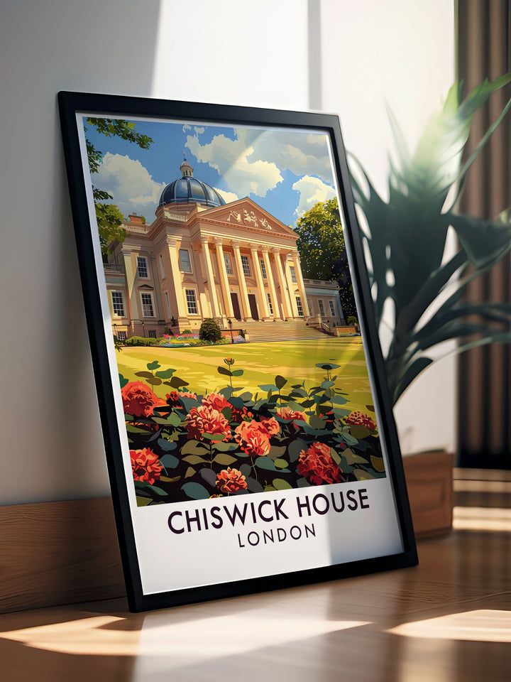 Capture the architectural brilliance of Chiswick House, a Palladian villa inspired by ancient Roman and Greek architecture, with exquisite marble floors and grand staircases.