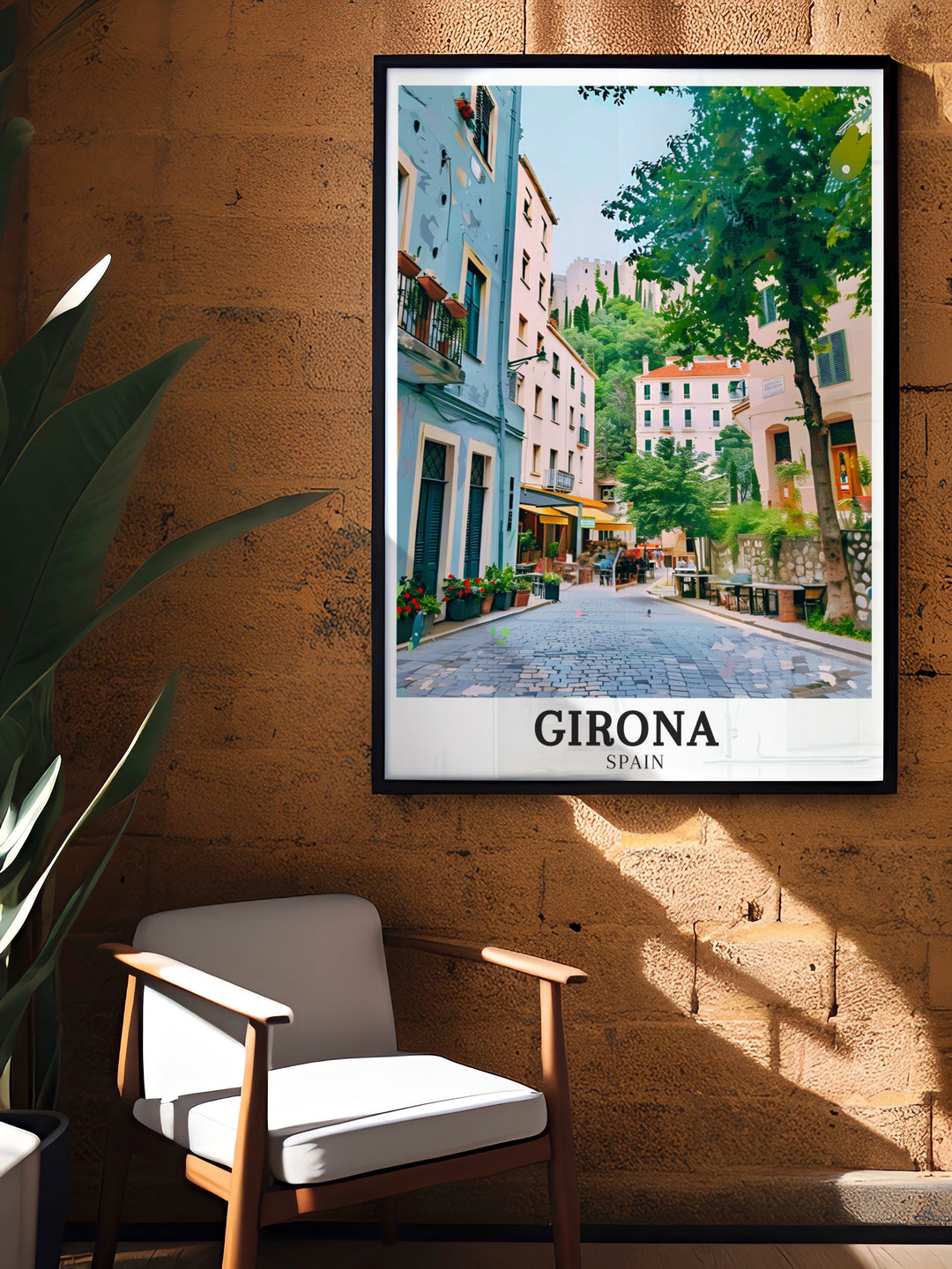 Beautiful Spain wall print of Girona, featuring the ancient streets and historic buildings of the Old Town. The detailed artwork captures the essence of Catalonias rich cultural heritage, making it a meaningful Spain travel gift or a stunning piece of wall decor