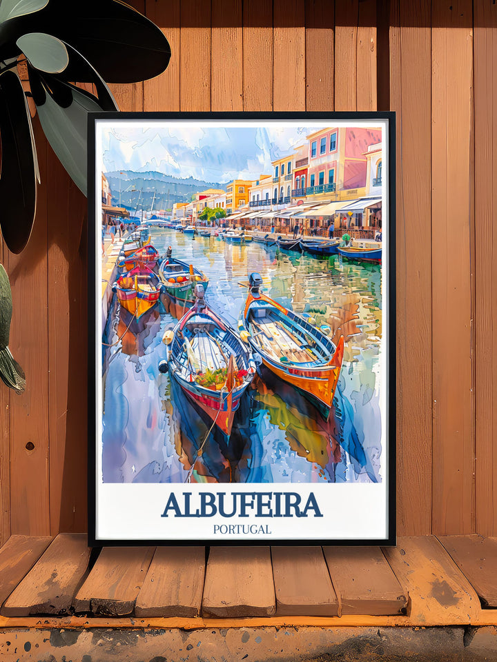 Retro travel poster of Albufeira, showcasing the timeless beauty of Albufeira Marina, perfect for those who appreciate nautical landscapes and Portuguese culture.