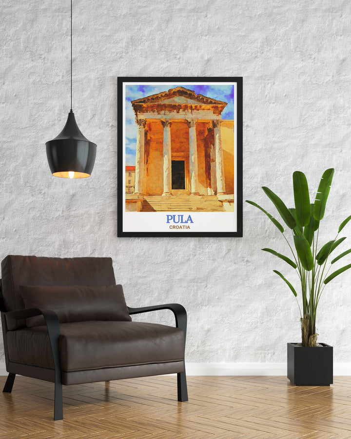 This travel poster offers a glimpse into Pulas rich history, with a detailed illustration of the Temple of Augustus. Perfect for those who have visited or dream of visiting Croatia, this print adds a touch of elegance to any room.