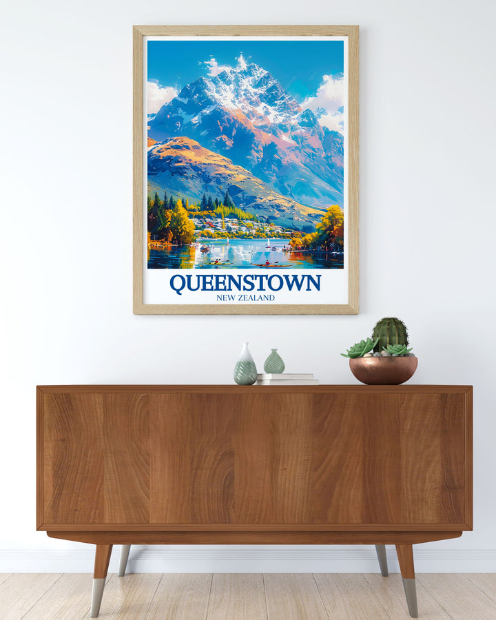 Fine line print of Queenstown showcasing The Remarkables Lake Wakatipu with a timeless black and white design ideal for matted art frames great for enhancing your living room or office decor perfect for gifts and wall art lovers