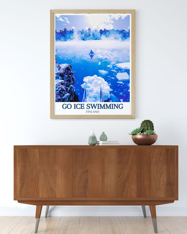 Experience the beauty of Finlands wild swimming scene with this Wild Swimming Print, highlighting the icy Lake Inari. Whether youre an outdoor enthusiast or just love winter landscapes, this print is a stunning addition to your wall art collection.