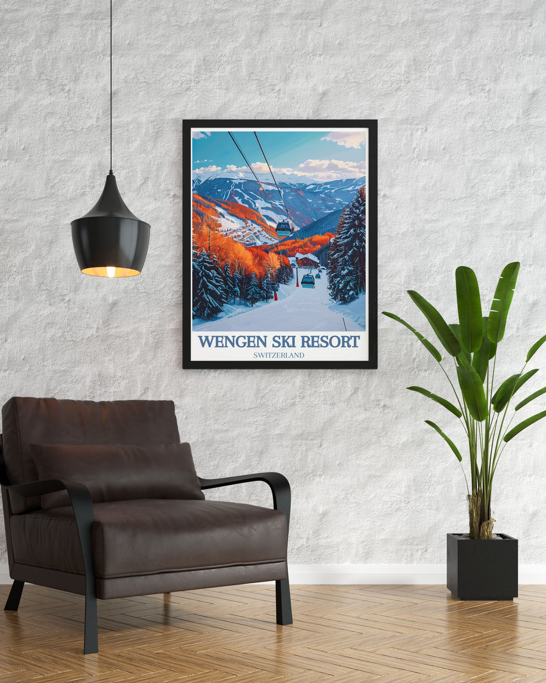 Fine art print of Wengen Ski Resort, showcasing the resorts majestic mountains and snow covered trails. A beautiful piece that brings the beauty of Switzerlands alpine landscapes into your home decor, perfect for nature lovers.