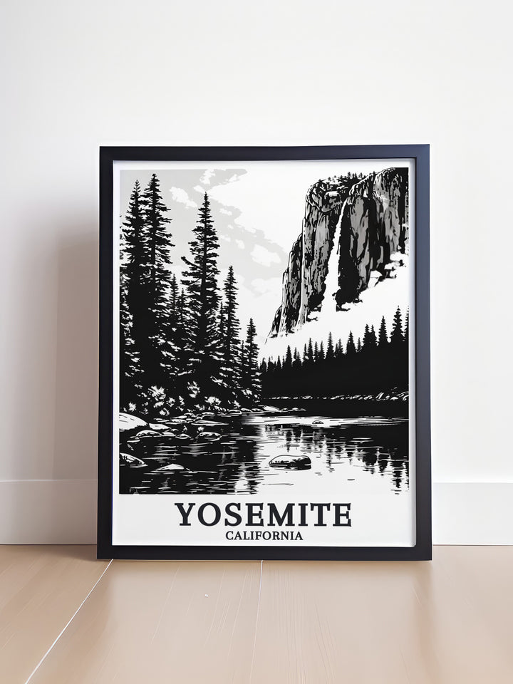 El Capitan Yosemite Falls modern art print ideal for transforming your living space into a gallery of natural wonders and classic elegance