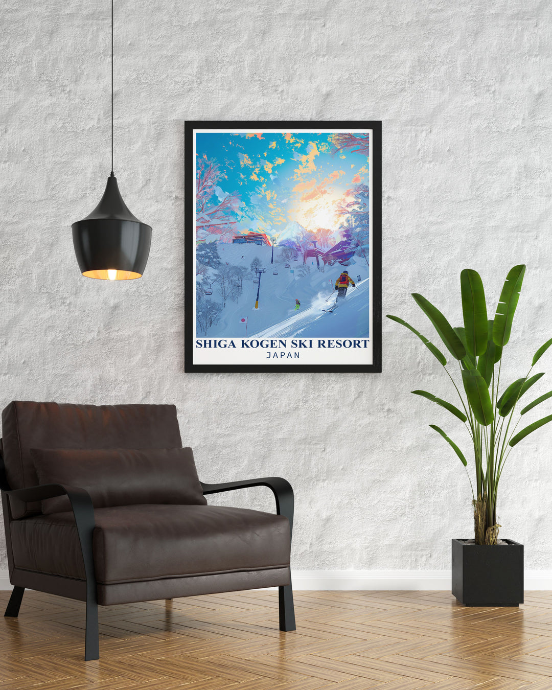 This vintage inspired Shiga Kogen Ski Resort print is a tribute to one of Japans most beloved skiing destinations. The illustration showcases the majestic Japanese Alps and bustling slopes, capturing the thrill of skiing while offering a serene view of Japans natural landscape. Ideal for any home or office decor.