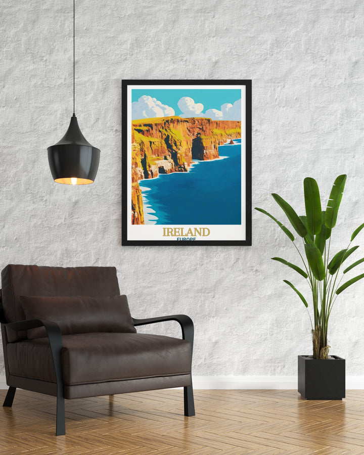 Bring the majesty of Ireland into your home with this travel poster, highlighting the famous Cliffs of Moher and the vibrant city of Dublin. Ideal for travel enthusiasts or as a unique Irish gift.