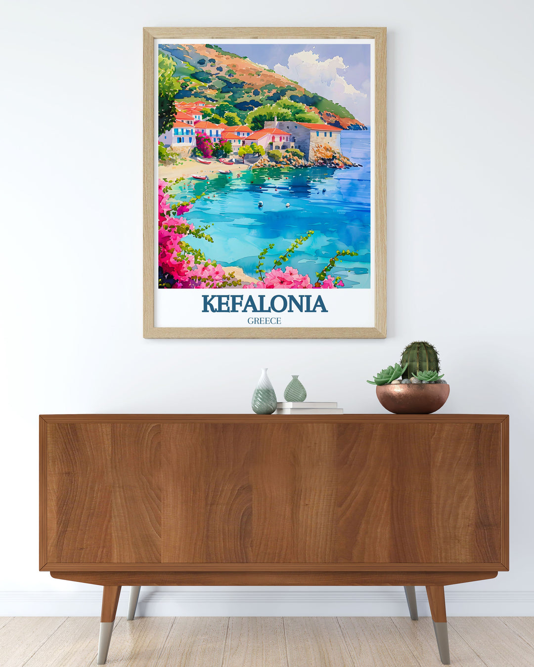 This stunning Greek Island art print showcases the peaceful beauty of Assos Village in Kefalonia, Greece, with its iconic Venetian fortress overlooking the Ionian Sea. A perfect gift for travelers or anyone who loves Greek coastal artwork.