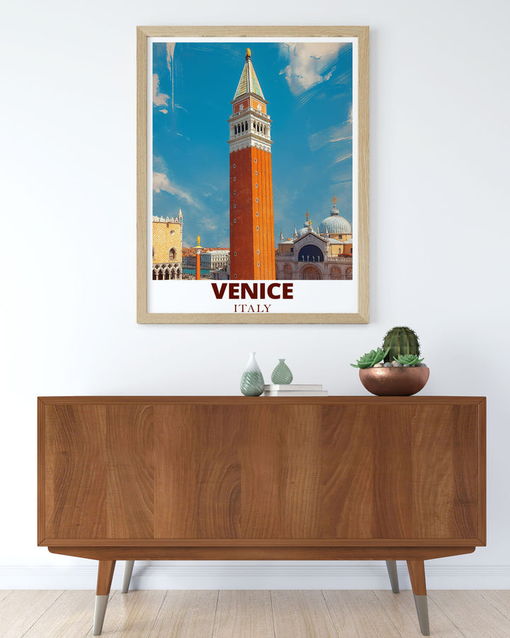 Digital print of Venice with the Campanile prominently displayed capturing the essence of the citys unique architecture and colorful scenery perfect for any room