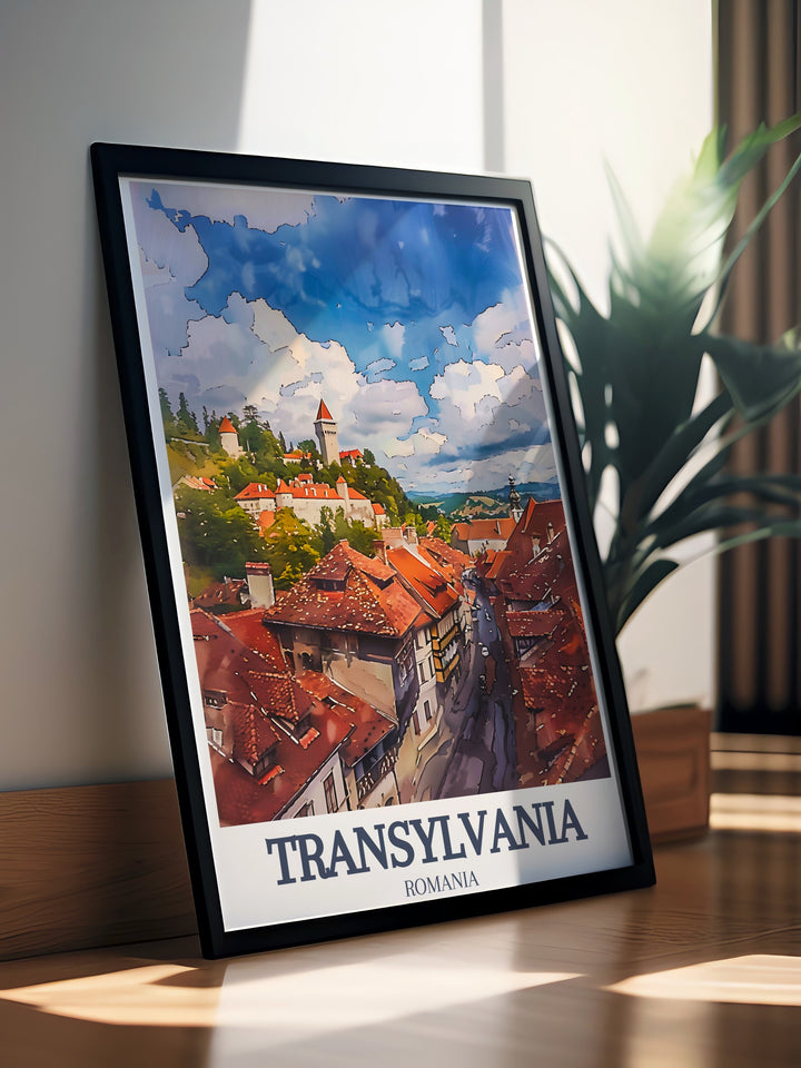 Transylvanias Corvin Castle and Sighișoara Citadel are beautifully depicted in this travel poster, capturing the essence of Romanias Gothic heritage. Perfect for anyone who loves history, folklore, and adventure, this framed print is a captivating addition to any space.