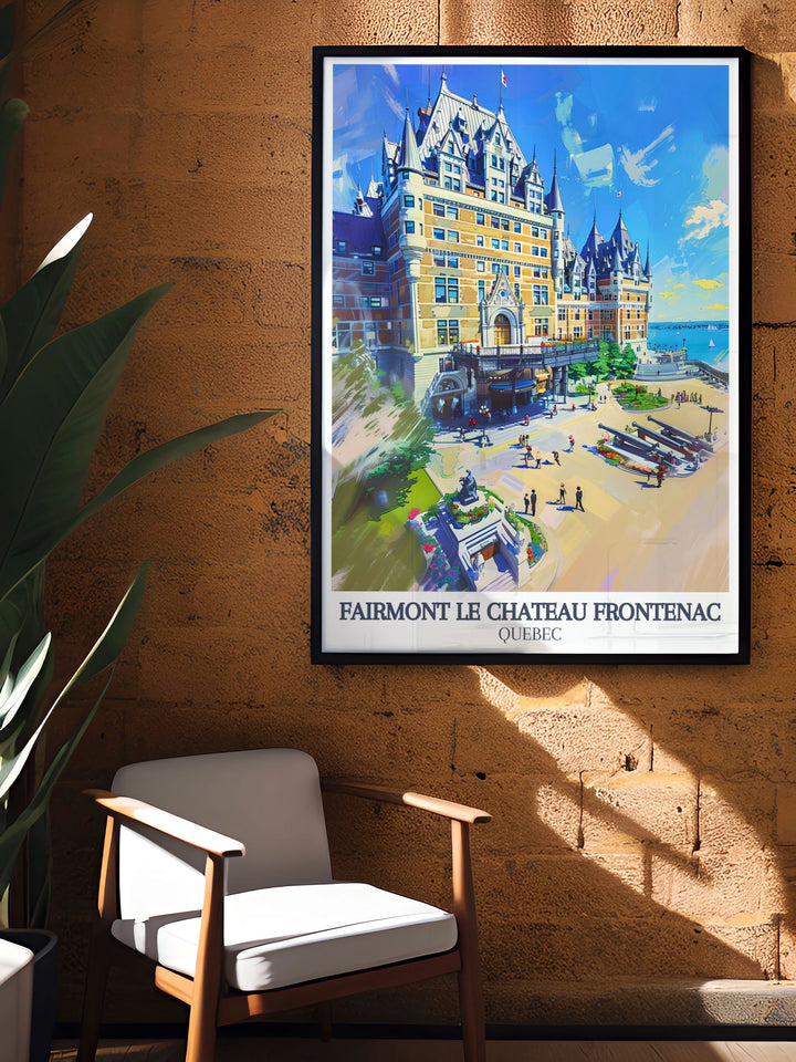 Modern art print of Le Chateau Frontenac with St. Lawrence River, The Chateau Frontenac Tower. A perfect Canada travel print that combines contemporary design with historical significance, making it an ideal addition to any art collection.