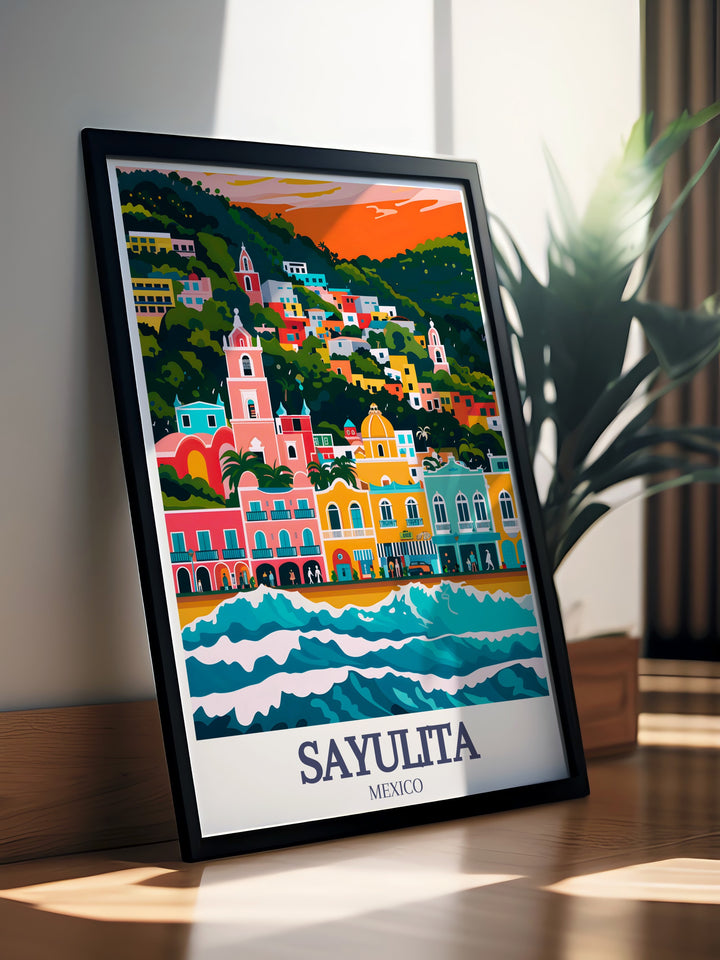 A detailed illustration of Sayulitas Main Street and beach, this travel poster brings the charm of Mexicos Pacific coast into your home. Vibrant colors and fine lines make this artwork a striking addition to any room.