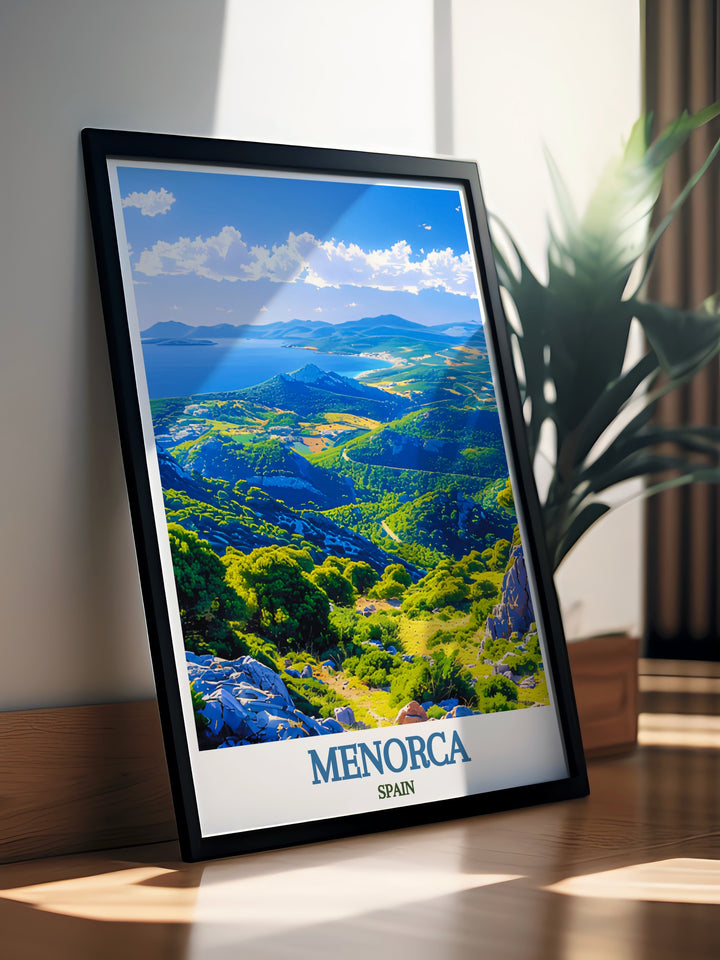 Monte Toro modern art piece displaying the stunning landscape of Menorca with its expansive views from the islands highest point perfect for Spain art gifts and wall decor creating a refined and picturesque ambiance in your home with its vibrant and serene imagery.