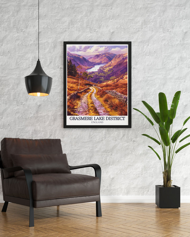 This travel poster showcases the serene beauty of Grasmere in the Lake District, England, featuring the tranquil lake and the historical Coffin Route, perfect for adding a touch of tranquility to your home decor.