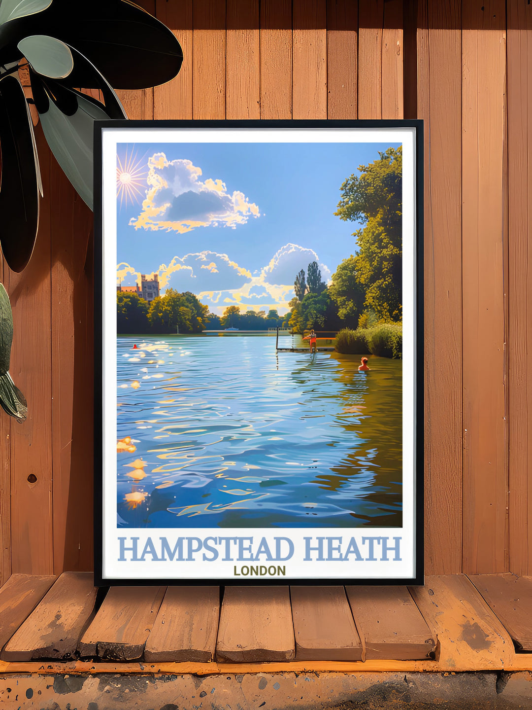 A vintage style travel poster showcasing Hampstead Heath and the calming Hampstead Ponds. This artwork is ideal for those looking to decorate with natural beauty and iconic London landscapes.