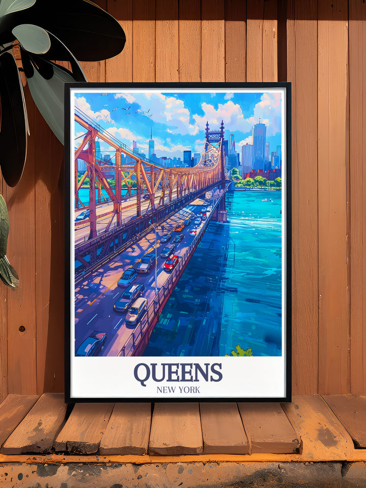 Queens poster highlighting the Queensboro Bridge East River scene capturing the dynamic energy of New York City perfect for personalized gifts anniversary gifts birthday gifts and Christmas gifts