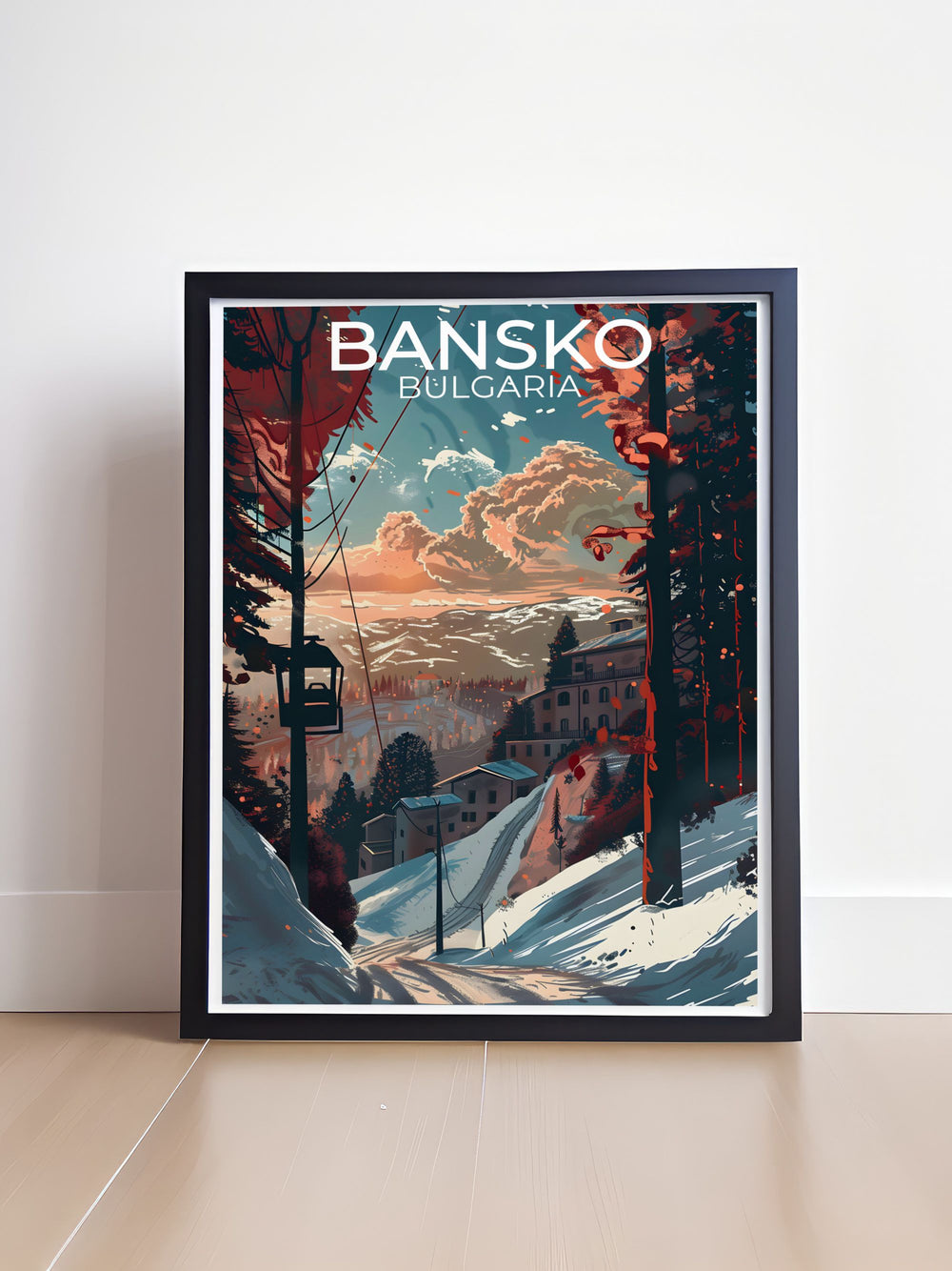 Highlighting the historical charm of Bansko Old Town, this travel poster features its well preserved architecture and cobblestone streets, ideal for history enthusiasts and home decor lovers.