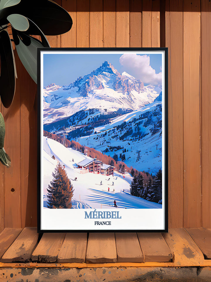 This vibrant art print of Méribel highlights the resorts dynamic snowboarding scene and beautiful mountain landscapes, making it a standout piece for those who appreciate alpine adventures.