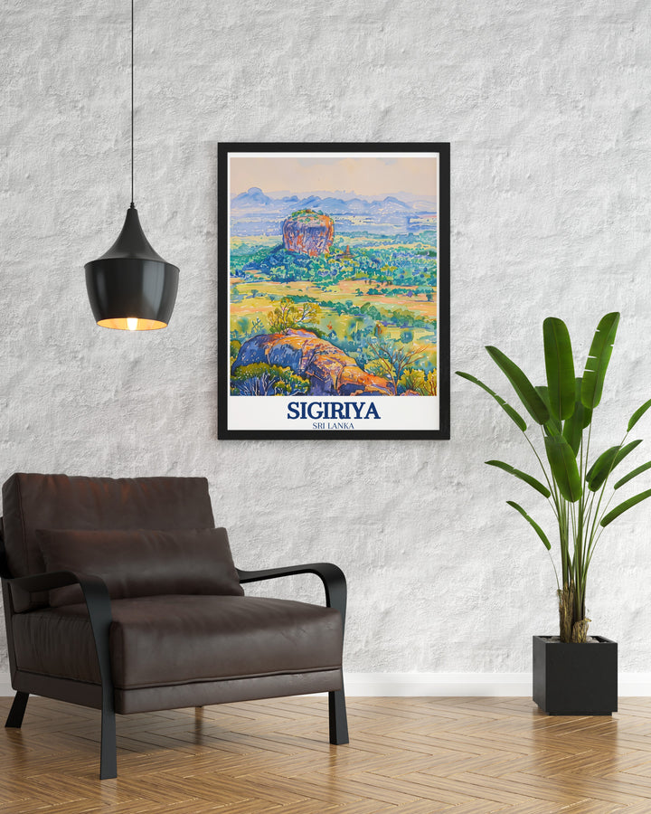 Travel print highlighting Sigiriya, Sri Lanka, known as Lions Rock. This artwork showcases the fortresss intricate design and historical significance, offering a glimpse into one of the most revered landmarks in Sri Lankas Central Province, perfect for adding cultural depth to any space.