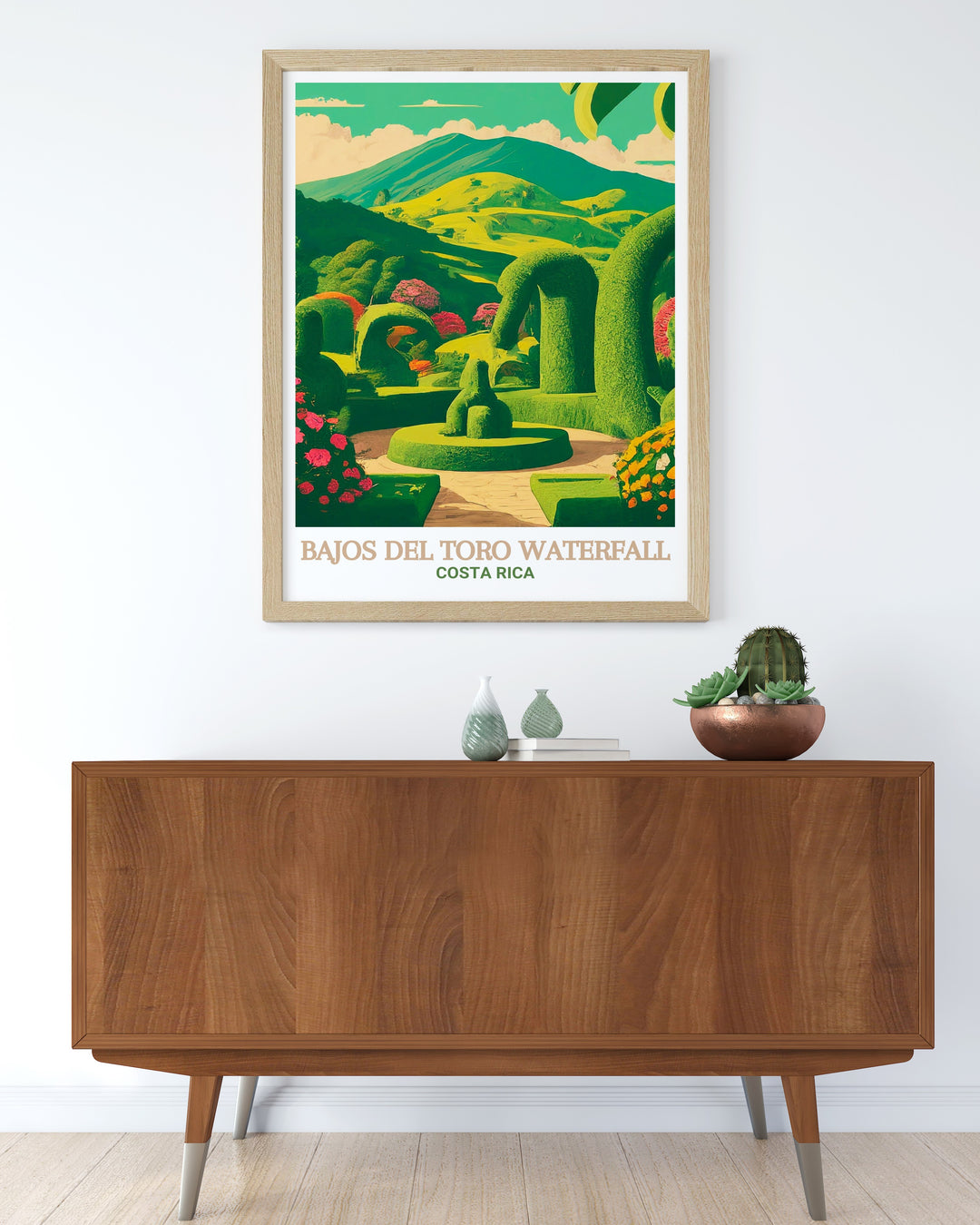 An exquisite travel poster of Zarcero Park in Costa Rica, capturing the whimsical topiary gardens with their playful shapes and intricate designs. The artwork adds a touch of creativity and natural beauty to your living space, ideal for those who love unique and artistic landscapes.